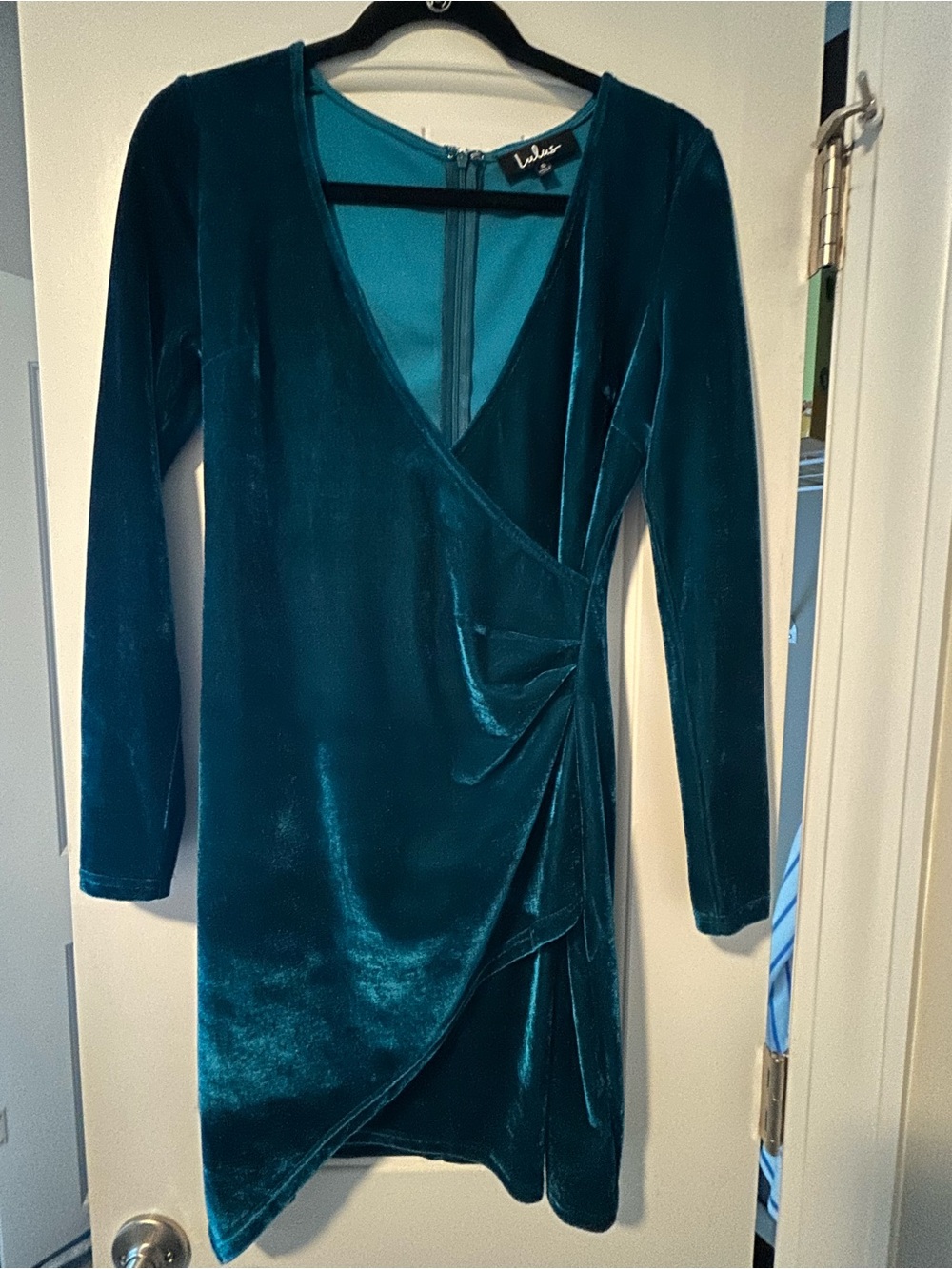 Lulu's Teal Velvet Faux-Wrap Long Sleeve Dress